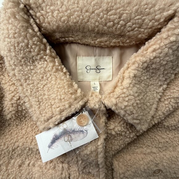 NWT Jessica Simpson Romi Tan Sherpa Shirt Jacket Size L Button Front Pockets - Picture 6 of 7